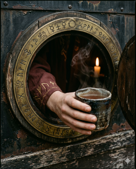 A hand reaches from the round wooden portal of the Folk & Potion trailer, holding a steaming cup of coffee, a candle burning inside.